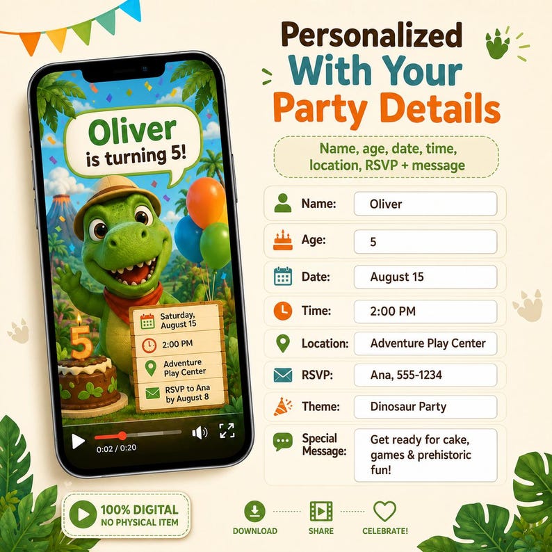 May include: A smartphone screen displays a digital dinosaur-themed birthday invitation for Oliver, age 5. The graphic features a green cartoon dinosaur, a birthday cake, and party details including date, time, location, and RSVP information.