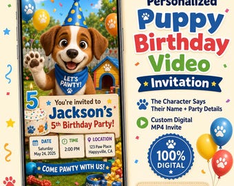 Invitación de video de cumpleaños personalizada para niños, invitación personalizada con personaje parlante, fiesta de cachorros, dinosaurios y unicornios, invitación digital MP4 para hijo