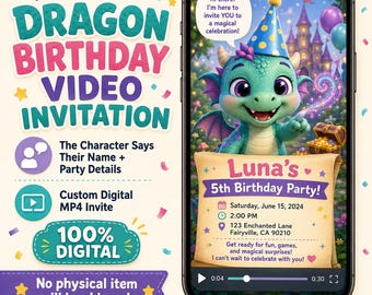 Invitación de cumpleaños personalizada en video, invitación animada para fiesta infantil, tarjeta de cumpleaños con personaje personalizado, invitación digital en video MP4 para hijo/a.