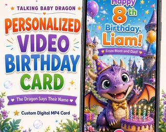 Tarjeta de cumpleaños en vídeo personalizada para niños, mensaje de cumpleaños de dragón parlante, tarjeta digital MP4 personalizada, nombre y edad del niño, regalos de última hora
