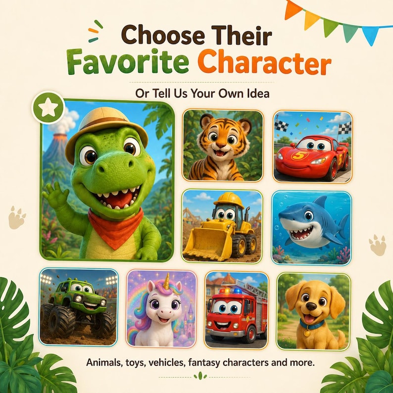 May include: A graphic display titled Choose Their Favorite Character Or Tell Us Your Own Idea featuring a green dinosaur, tiger, red race car, yellow bulldozer, shark, green monster truck, unicorn, fire truck, and puppy with text at the bottom.