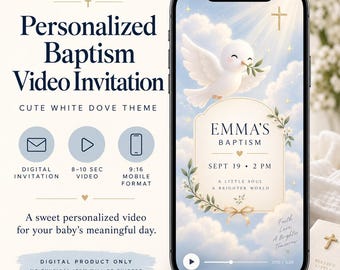 Invitación de bautizo en vídeo personalizada, invitación digital de bautizo a medida, invitación de bautizo con paloma, vídeo de bautizo de bebé, invitación móvil de 9:16