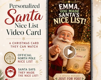 Tarjeta de vídeo personalizada de la lista de los buenos de Papá Noel para niños, vídeo navideño personalizado de Papá Noel, regalos de anuncio de la lista de los buenos para hijo, hija o nieto.