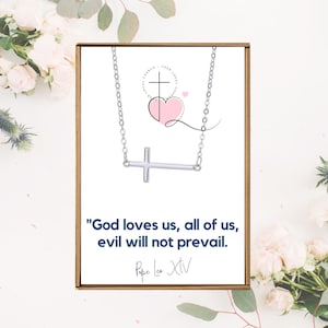 May include: A silver-colored cross necklace displayed in a gift box. The card inside the box has a pink heart and cross design with the text "CHURCH. YOUR LOCAL." and a quote: "God loves us, all of us, evil will not prevail."