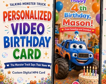 Tarjeta de cumpleaños personalizada con video de Monster Truck, tarjeta de cumpleaños parlante para niños, mensaje de cumpleaños personalizado en MP4, regalos de cumpleaños digitales para hijos.