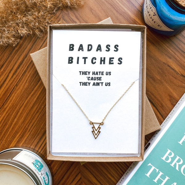 Badass bitch gifts, Bad bitches women jewelry, Girl gang trip weekend getaway, Profanity jewelry for best friends, Gold Triangle pendant