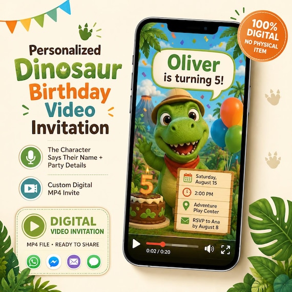 Personalized Dinosaur Birthday Video Invitation, Custom Animated Kids Party Invite, Character Speaks Child’s Name, Digital MP4 Invitation