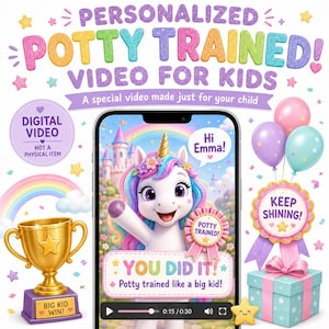 May include: A digital video advertisement for a personalised potty training video for kids. The graphic features a cartoon unicorn, a gold trophy labelled BIG KID WIN, colourful balloons, a gift box, and text including PERSONALIZED POTTY TRAINED! VIDEO FOR KIDS, Hi Emma!, YOU DID IT!, and KEEP SHINING!.