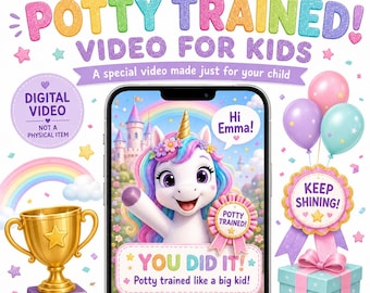 Video personalizado de entrenamiento para ir al baño para niños, video de felicitación "¡Lo lograste!", mensaje personalizado de unicornio, regalo de recompensa por haber aprendido a ir al baño, MP4 digital
