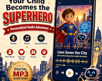 Historia de superhéroes personalizada en audio para niños, aventura en MP3 personalizada con el nombre del niño, regalo de cumpleaños de última hora, regalos para niños sin pantallas