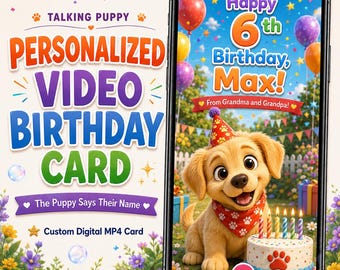 Tarjeta de cumpleaños en vídeo personalizada para niños, mensaje de cumpleaños con cachorro parlante, tarjeta de cumpleaños digital personalizada, nombre y edad del niño, regalo MP4 para hijo