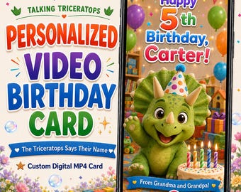 Tarjeta de cumpleaños personalizada con vídeo de dinosaurio para niños, mensaje de cumpleaños de Triceratops parlante, tarjeta digital MP4 personalizada, regalos de cumpleaños de dinosaurio para hijo