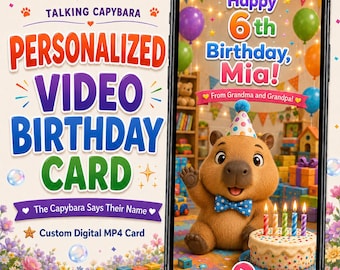 Tarjeta de cumpleaños en vídeo personalizada para niños, mensaje de cumpleaños con capibara parlante, felicitación de cumpleaños digital animada personalizada, regalo MP4 para hija