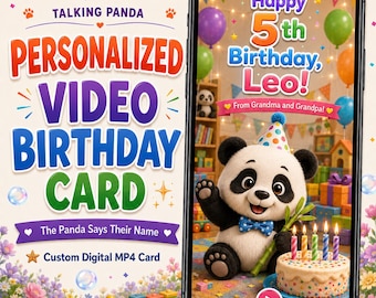 Tarjeta de cumpleaños en vídeo personalizada para niños, mensaje de cumpleaños de un panda parlante, tarjeta digital MP4 personalizada, nombre y edad del niño, regalos de cumpleaños instantáneos.