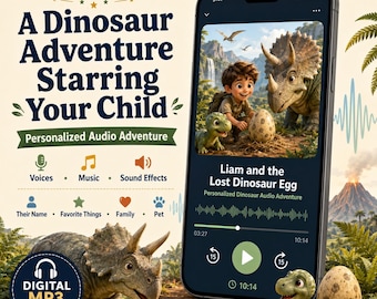 Historia de audio personalizada de dinosaurios para niños, MP3 de aventuras con nombre personalizado, regalos infantiles sin pantalla, regalo de cumpleaños, historia de audio para viajes por carretera para hijos.