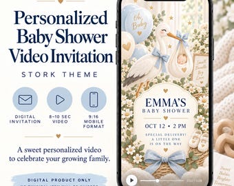 Invitación personalizada en video para baby shower, invitación de baby shower con cigüeña, invitación digital personalizada para baby shower, video móvil 916 para mamá, hija e hijo