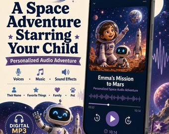 Aventura de audio personalizada para niños, cuento MP3 personalizado con el nombre del niño, regalos de aventuras espaciales, regalo de cumpleaños para niños, cuento digital para niños