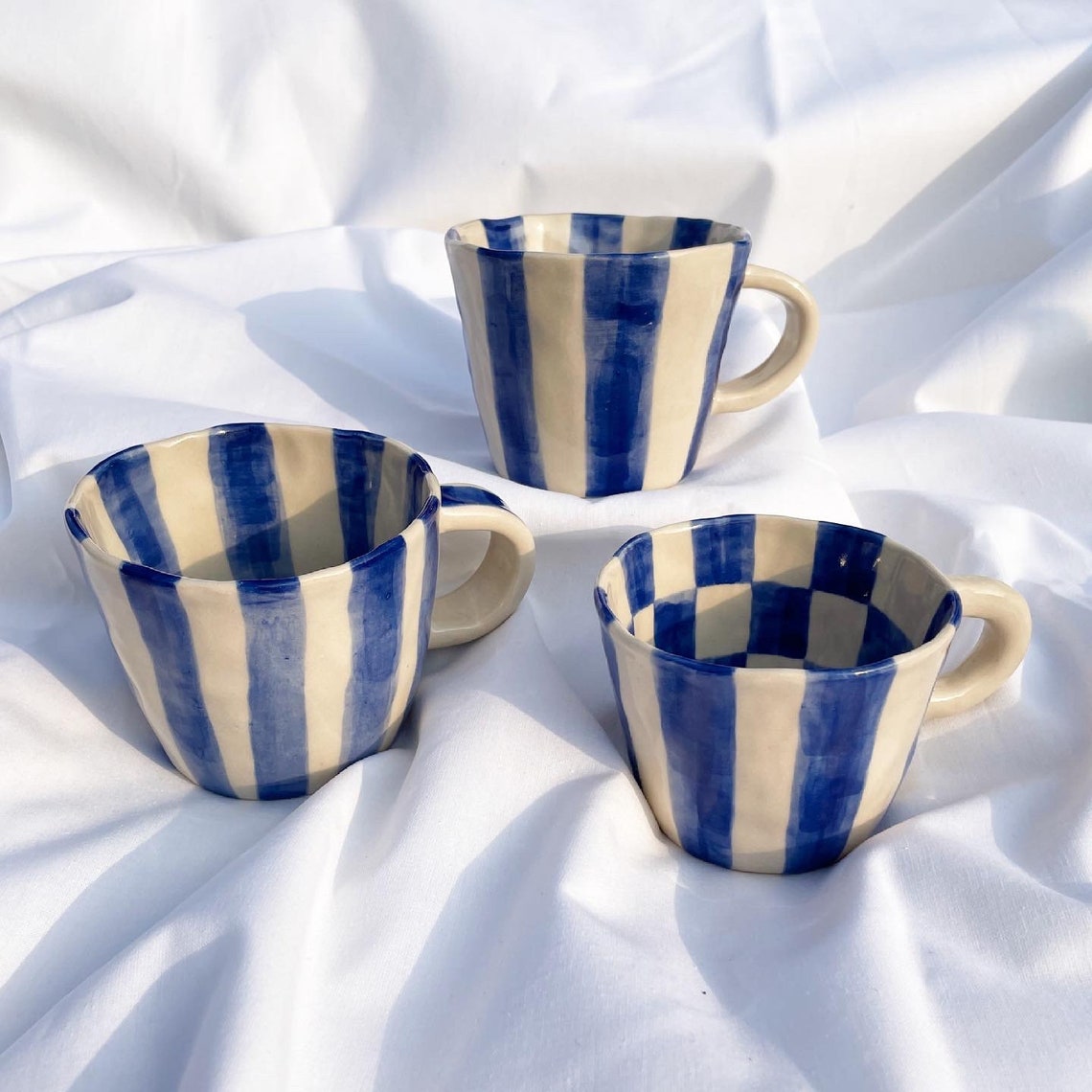 Blue and White Striped Checkered Ceramic Mug Handmade Pinched Etsy