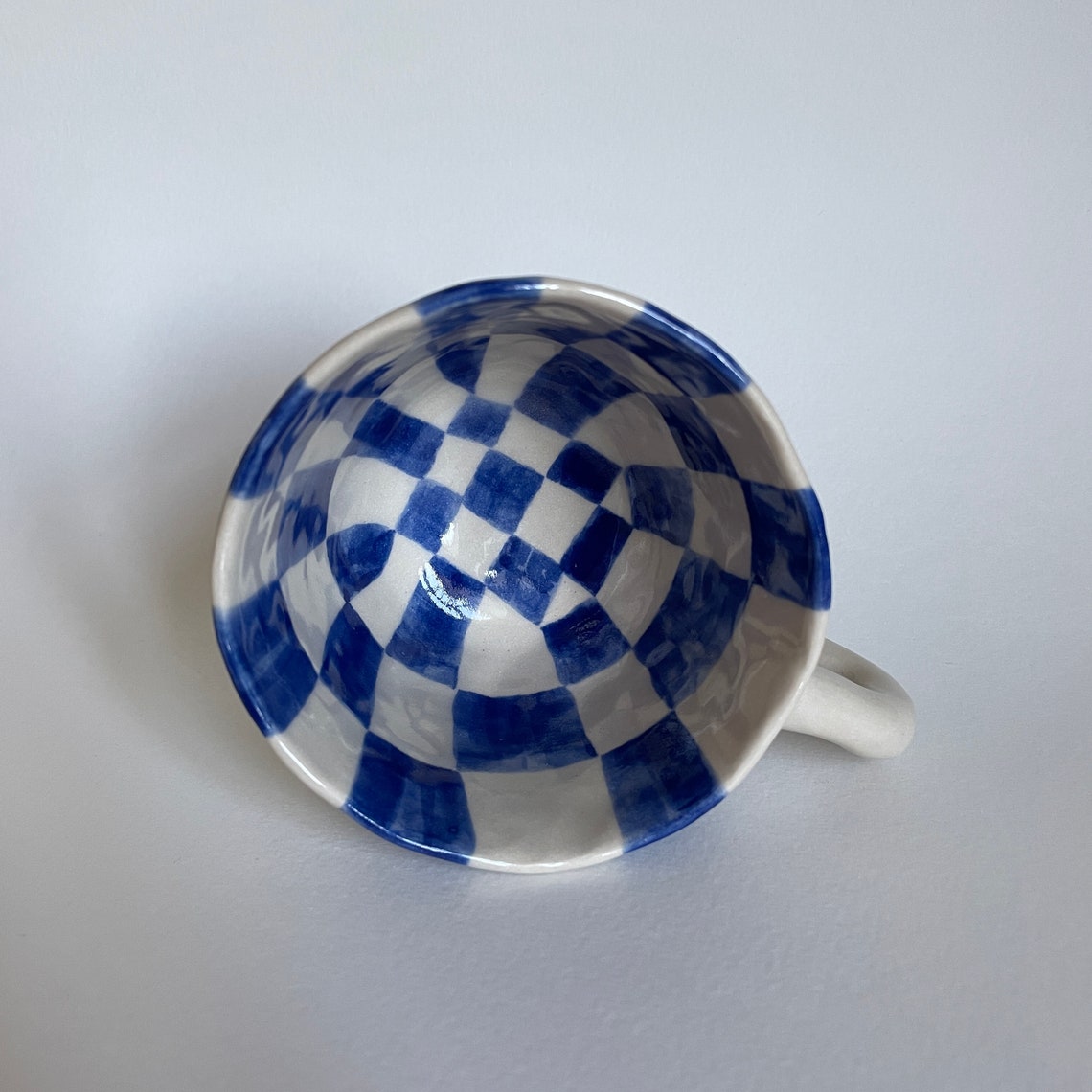 Blue and White Striped Checkered Ceramic Mug Handmade Pinched Etsy