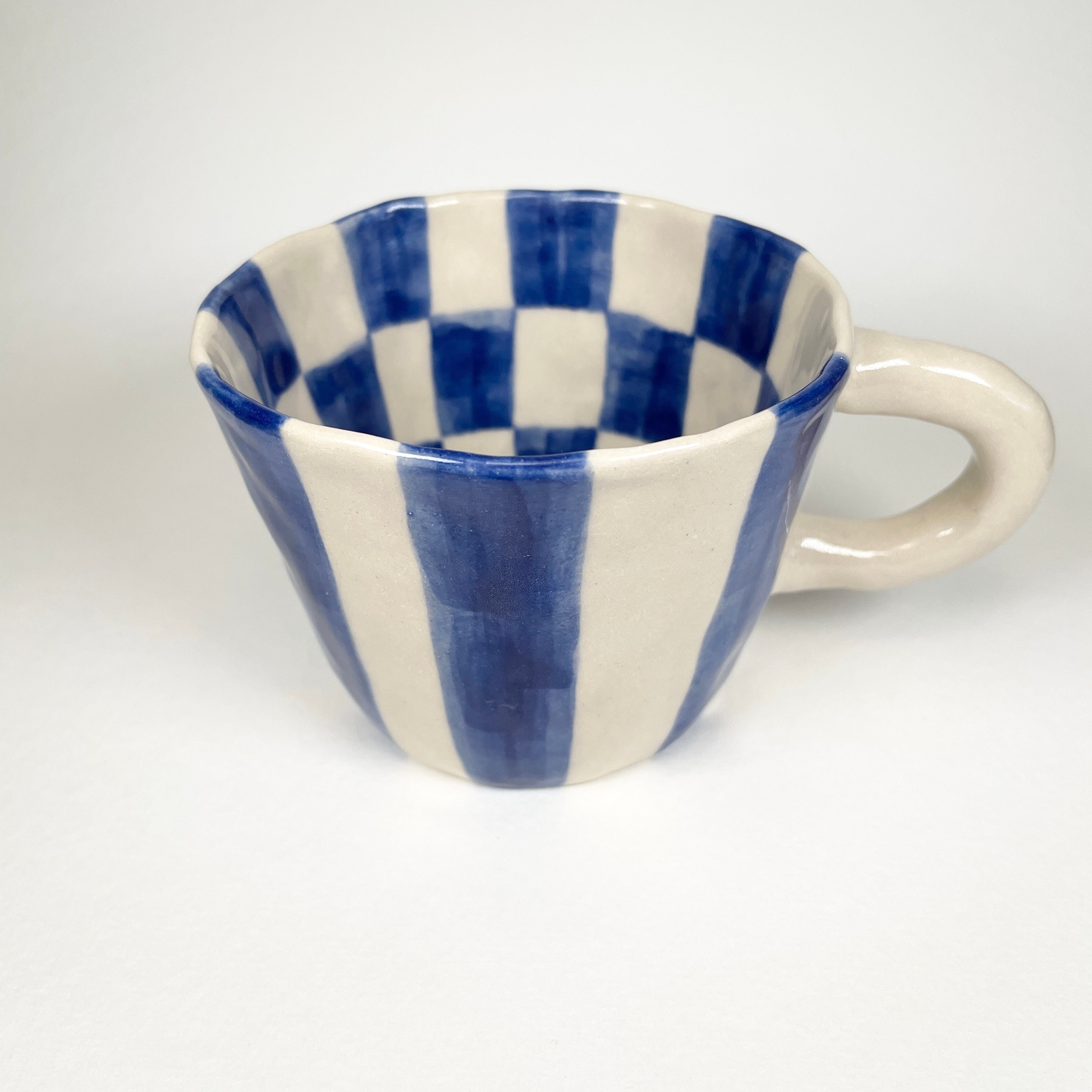 Blue and White Striped Checkered Ceramic Mug Handmade Pinched Etsy