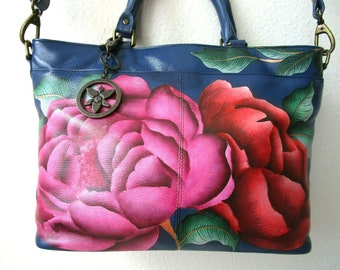 Anushka moonlit peonies hand painted leather multi compartment tote purse - Nwt