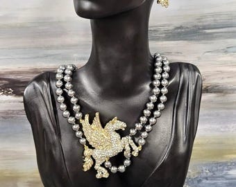 Heidi Daus Pretty Pegasus Necklace & Earrings Set – Gray Pearls – AB Crystals