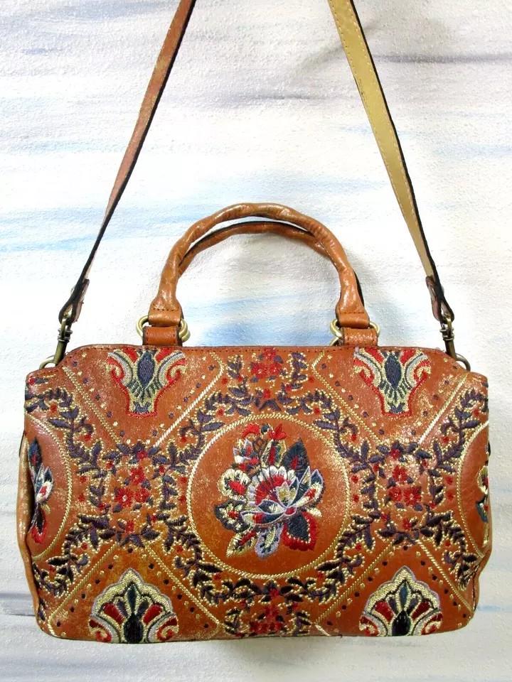 Patricia Nash Angelin Gold Embroidered Floral Design Leather