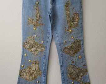 JEANS EMBELLISHED A MANO (Nuevo ), Non Guilty Denim Blue Butterfly goleado jeans talla 7/8 - Seminuevo
