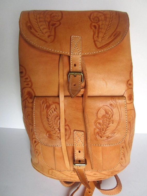 Light Tan Floral Carving Real 100% Leather Backpack  display picture 3