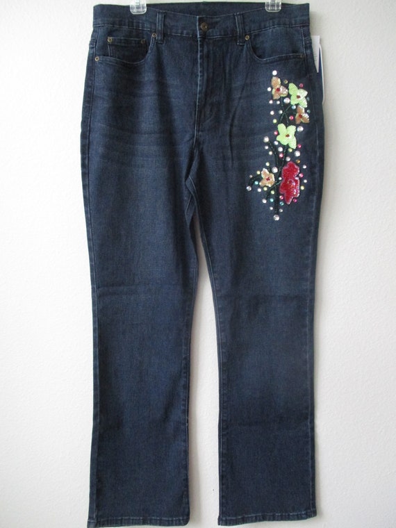 HAND EMBELLISHED JEANS new Diane Gilman Denim Blue Floral Embellished Jeans Size 14 Nwt Etsy