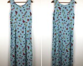 Tom Tom Linen Insect Maxi Dress Sleeveless Bugs Blue Small