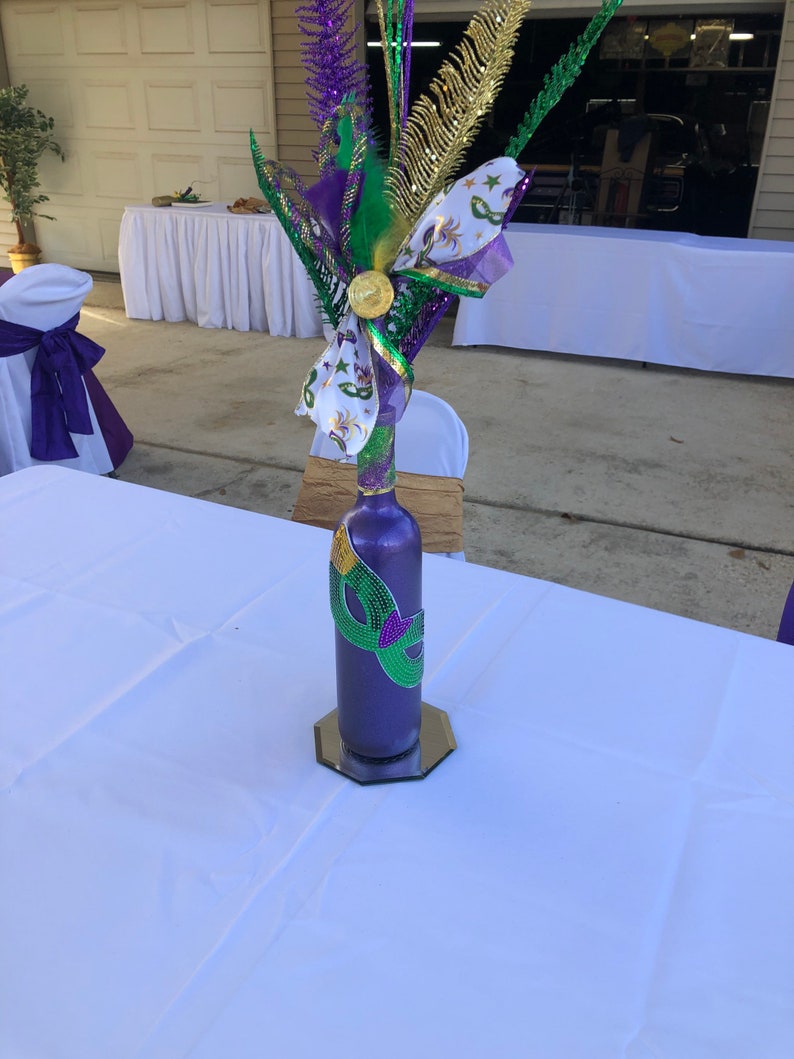 mardi gras painted wine bottle
