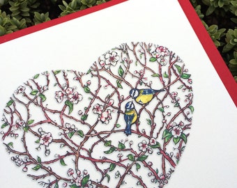 Love card. Love birds in blossom. Heart shaped card. Romantic gift. Valentine&#39;s card. Card for her. Romantic card.