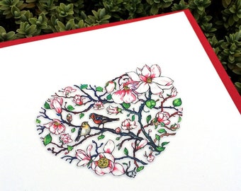 Love card. Love Birds in Magnolia tree. Heart Shaped greeting card. Card for bird lover. Romantic Card. Valentine&#39;s Card.