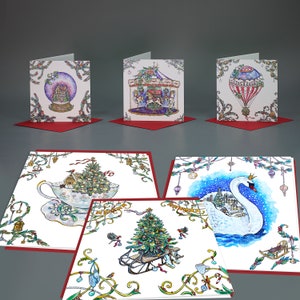 Magic Christmas Six Kaarten Set. Kerstkermis kaarten. Snow Globe kaart. Carrousel kerstkaart. Vintage geïnspireerde kerstkaarten.