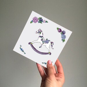 Rocking Horse Greeting Card. Children&#39;s card. Hydrangea card. Nostalgic art.