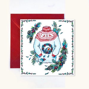 Biglietto di auguri natalizi con maglione. Biglietto di Natale in stile britannico. Cartolina di Natale in stile vintage. Cartolina di Natale in stile antico.