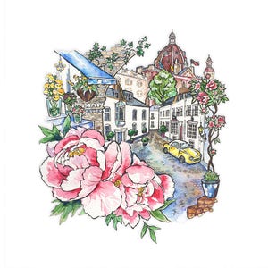 Knightsbridge Mews Art Print. London Travel. Peony Art. London Love. Gift for Mom. Gift from London. Art for London