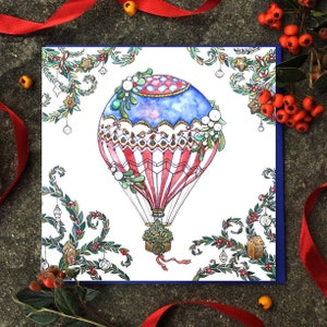 Tarjeta de Navidad con globos aerostáticos. Tarjeta de feria navideña. Tarjeta de globo aerostático. Tarjeta de temporada antigua.