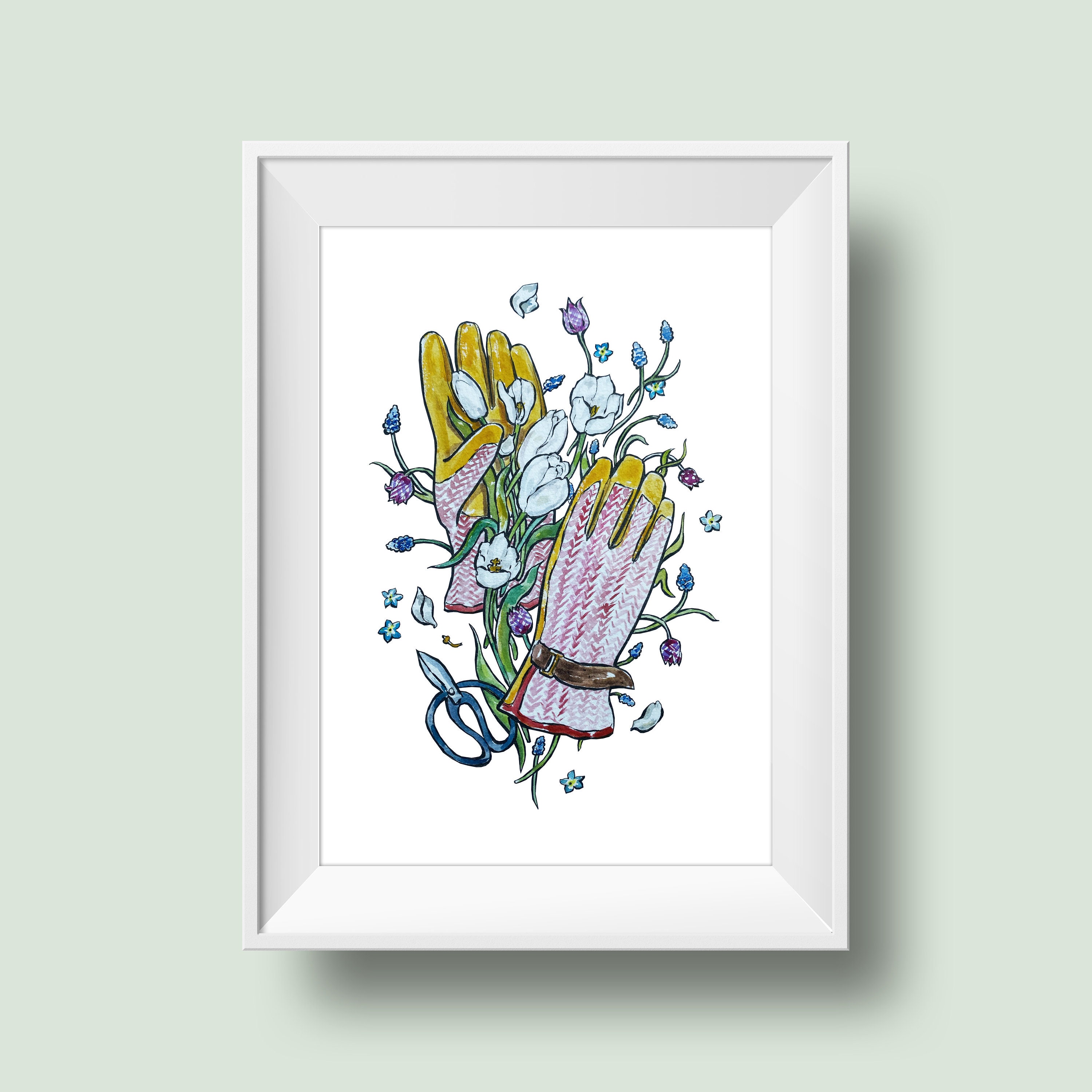 Framed Gardening Gloves Art Print. Art Gift For Gardener. Gardening Gloves Art. Personalised Gardening Gift.