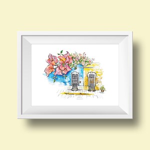 Bougainvillea kunstprint. Reisherinneringen kunst. Roze bloemen straat illustratie. Cadeau voor reiziger.