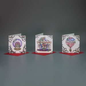 Magische kerstkaartenset. Kerstmarktkaarten. Sneeuwbol-kaart. Carrousel kerstkaart. Vintage geïnspireerde kerstkaarten.