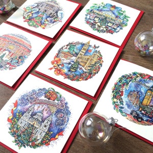 Lot de 6 cartes de Noël à Londres. Cartes de Noël faites main à Londres. Cartes de Noël illustrées de Londres. Beau paquet de cartes de Noël de Londres.