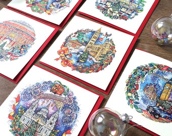 Set of 6 London Christmas Cards. Handmade London Christmas cards. Illustrated Christmas Cards from London. Beautiful London Xmas Card Pack.