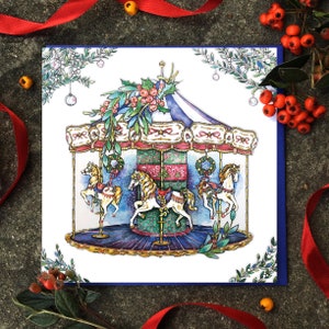 Cartolina di Natale Carosello. Biglietto della fiera di Natale. Carta carosello d'epoca. Carta per amante dell'antiquariato. Natale antico