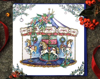 Carousel Christmas Card. Christmas fair card. Vintage Carousel card. Card for Antique Lover. Antique Christmas