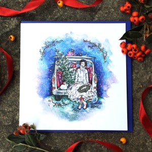 Cadeautjes bezorgen in stijl. Sneeuw meisje kerstkaart. Kerstkaart voor haar.