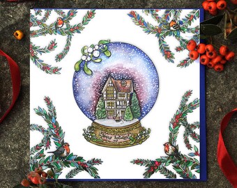 Snow Globe Christmas Card. Christmas fair card. Snow Globe card. British Christmas card.