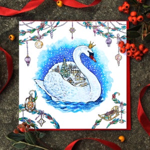 Zwaan witte kerstkaart. Kermis kerstkaart. Witte kerstkaart. Britse kerstkaart.