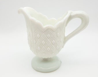 1880's Victorian White Milk Glass Jug or Creamer - Raised Diamond Design - Antique Collectable Glass
